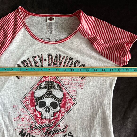Harley-Davidson Skull Graphic Tee | Size L | Red White Striped Sleeves USA Made - Picture 14 of 14